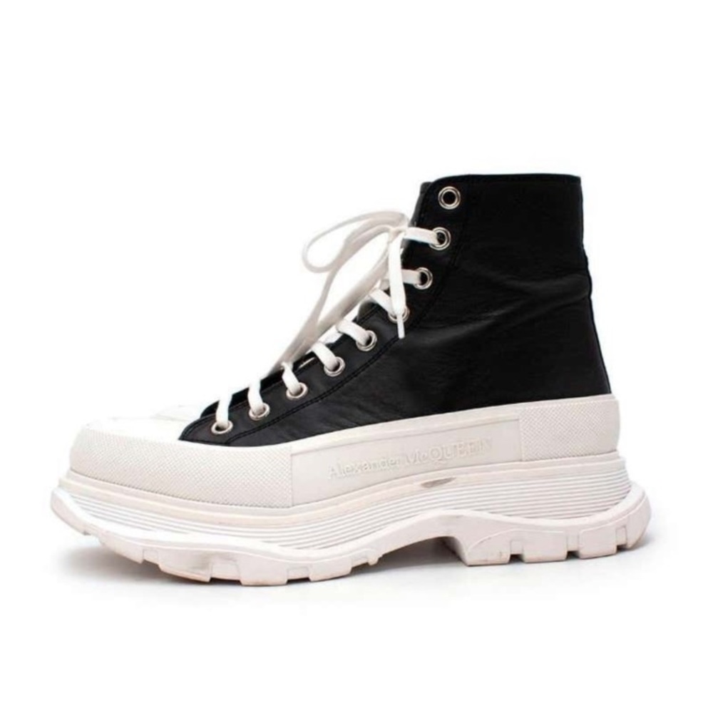 Alexander McQueen Slick Black Leather Platform Sole Sneakers 42